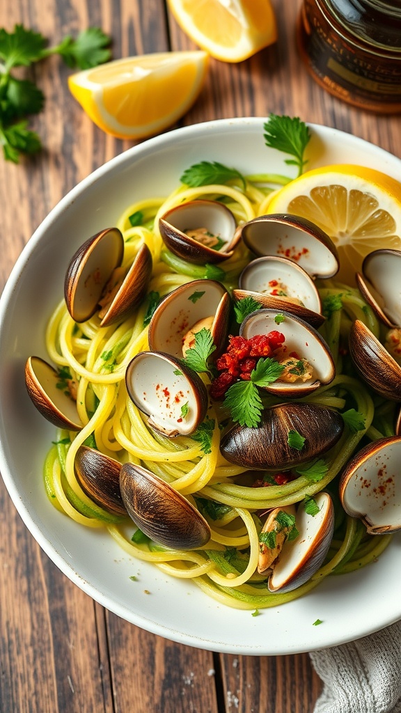 Zucchini noodles with garlic clam sauce, garnished with parsley and lemon, on a rustic table.